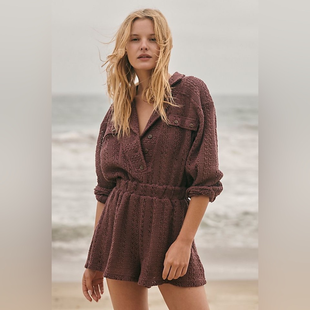 Free People Ryan Crochet Knit Black Romper